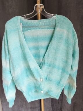 Homemade Light Aqua Tie-Dye V-Neck Button Cardigan Sweater